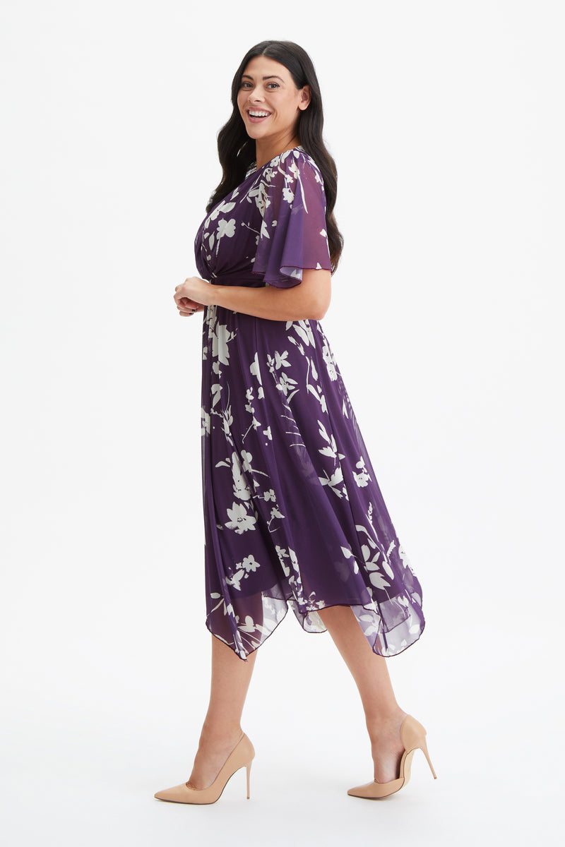 Julie Purple Ivory Hanky Hem Dress