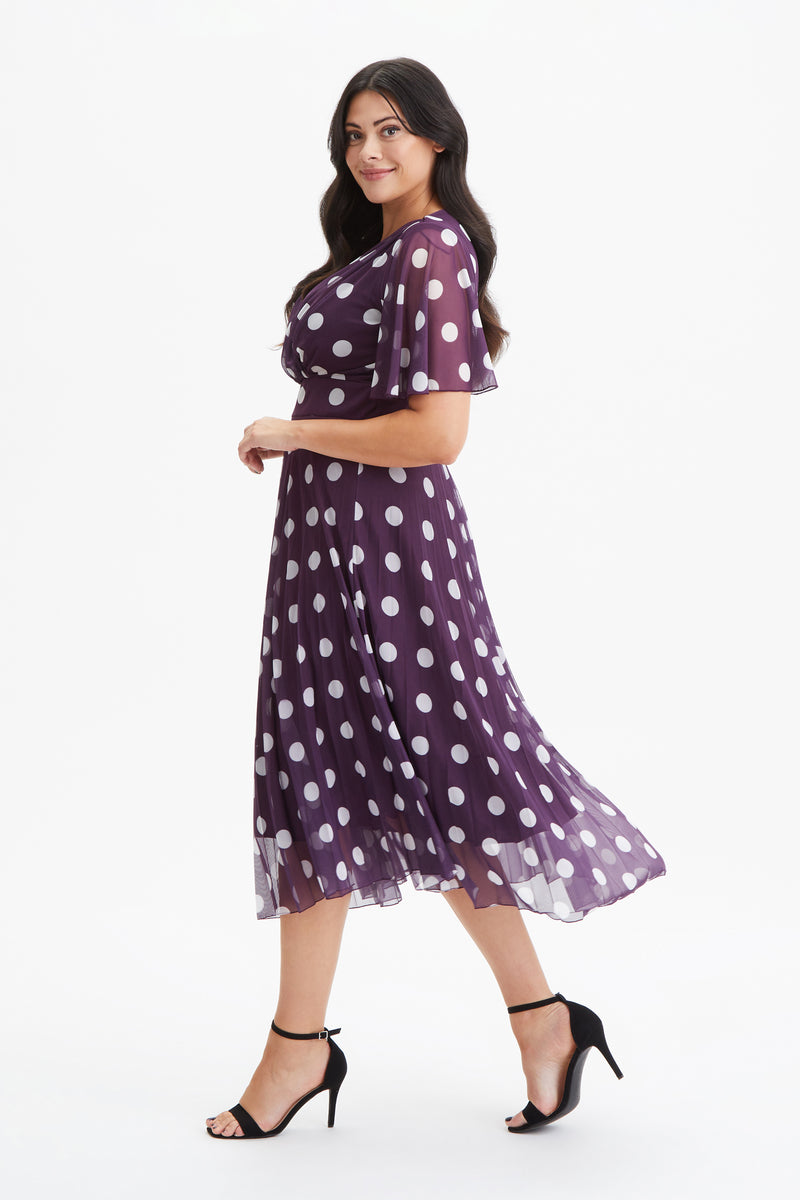 Carole Purple Ivory Wrap Bodice Sunray Pleated Skirt Midi Dress