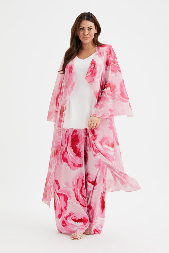 Pink Rose Waterfall Long Mesh Kimono