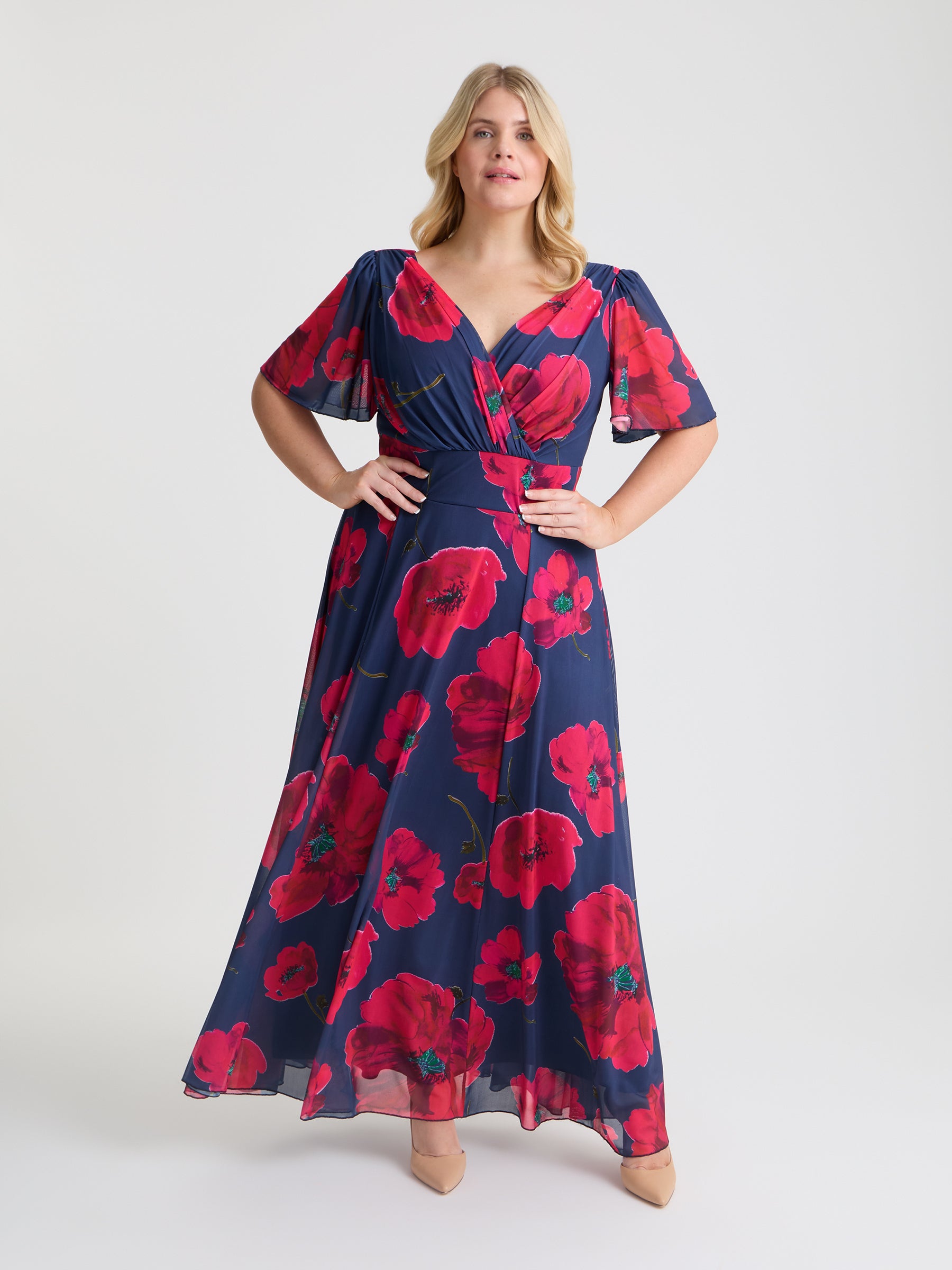 Isabelle Navy Red Poppy Float Sleeve Maxi Dress Scarlett & Jo Isabelle Navy Red Poppy Float Sleeve Maxi Dress Scarlett & Jo