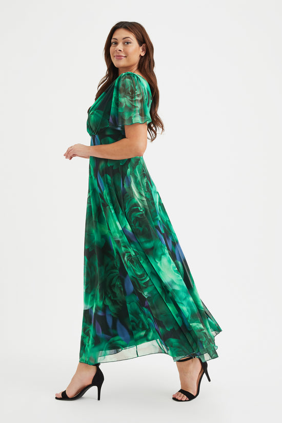 Isabelle Green Rose Float Sleeve Maxi Dress