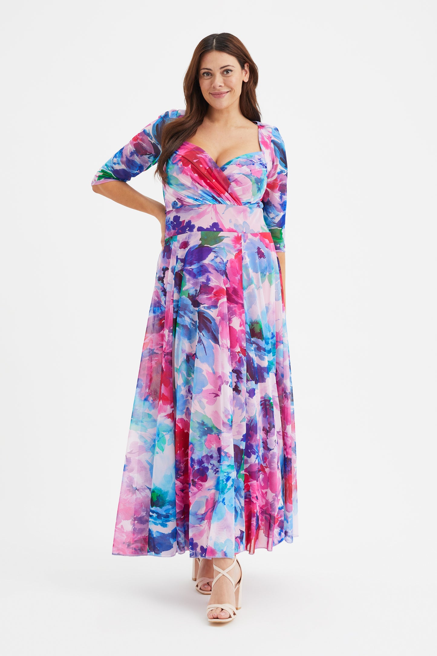 Elizabeth Blue Pink Print Mesh Maxi Gown
