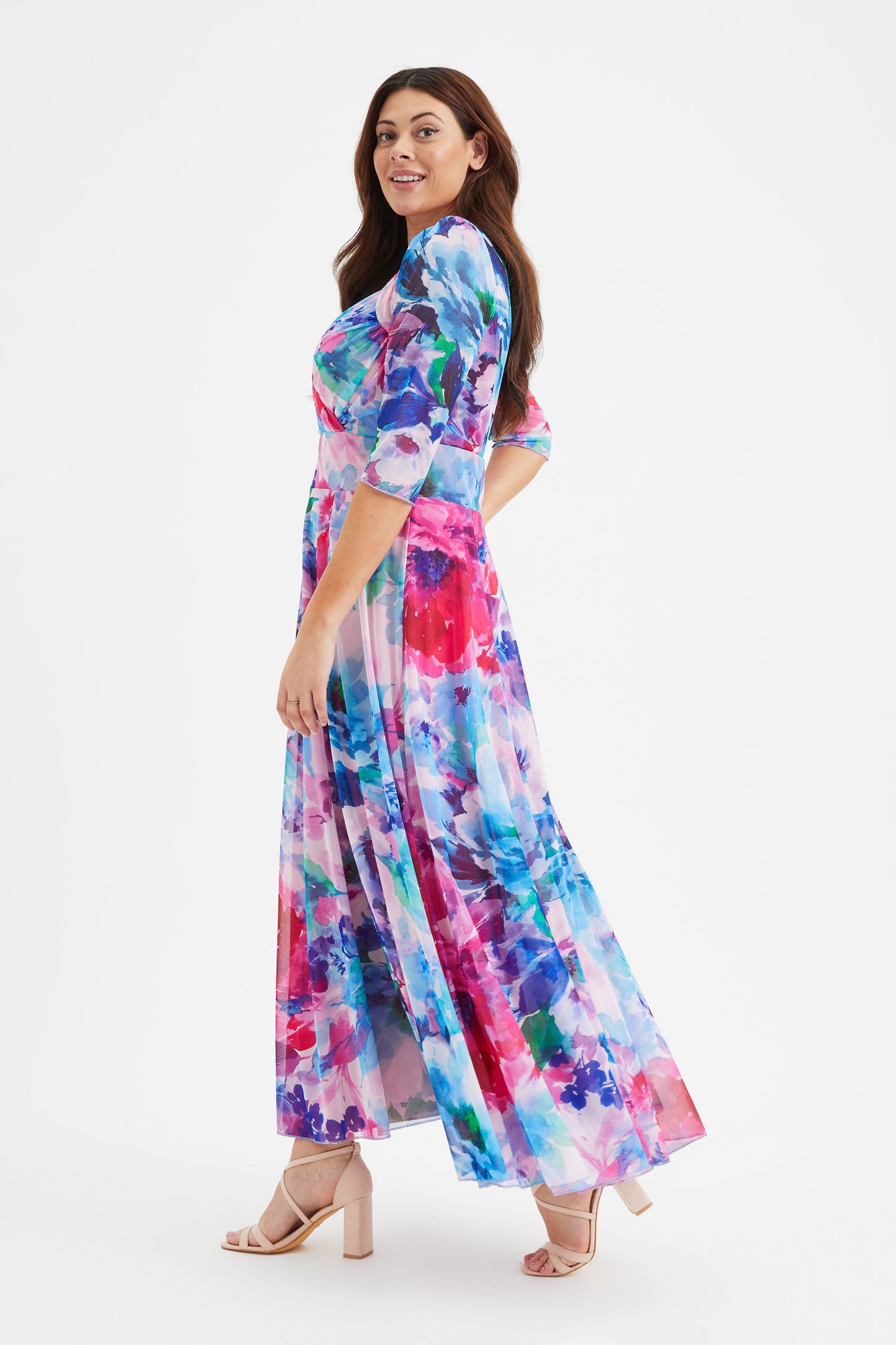 Elizabeth Blue Pink Print Mesh Maxi Gown