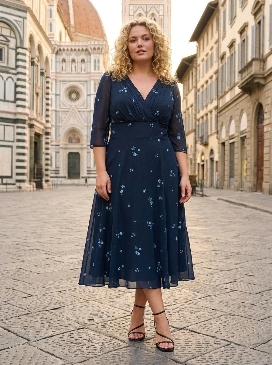 helena midi dress Petite Helena Navy Ditsy Midi Dress – Scarlett & Jo
