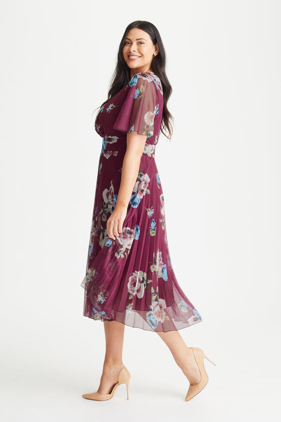 Carole Magenta Multi Floral Print Wrap Bodice Sunray Pleated Skirt Midi Dress