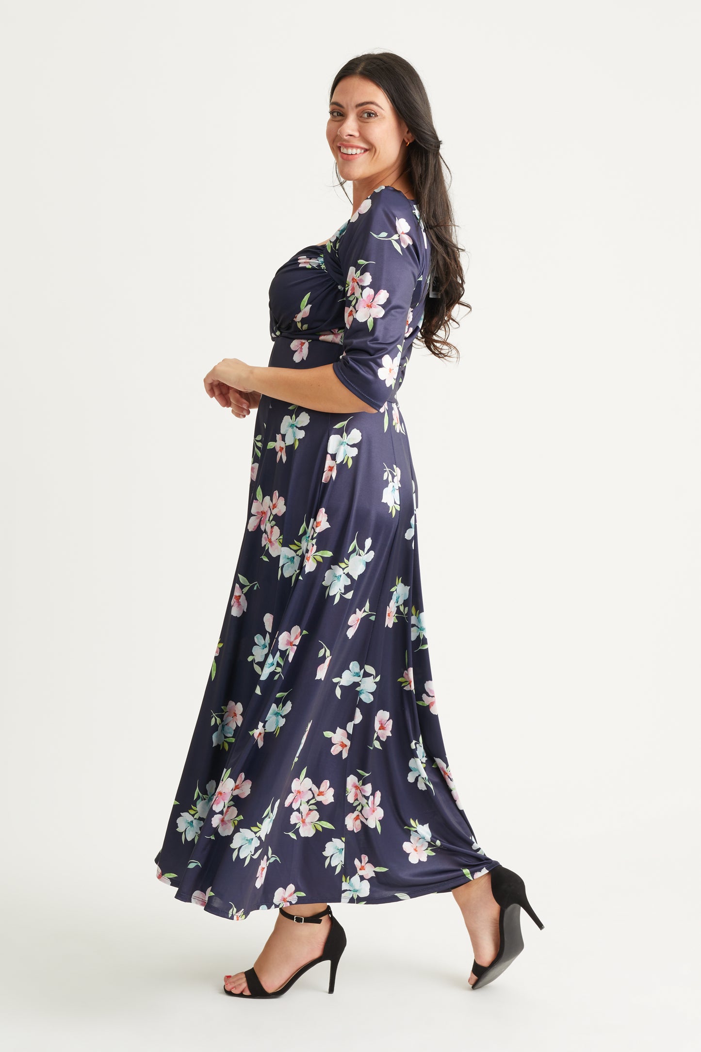 Elizabeth Navy Pink Blue Print Satin Maxi Gown