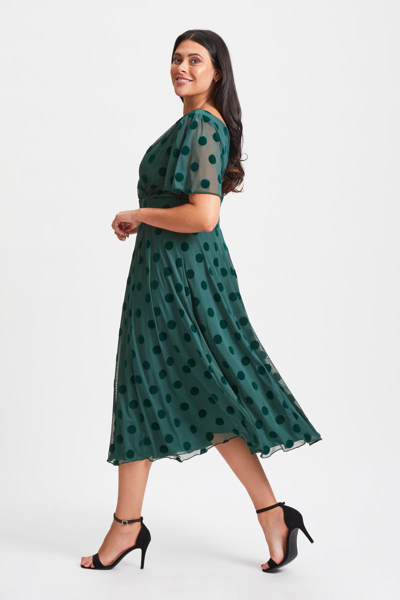 Victoria Dark Green Velvet Flock Angel Sleeve Mesh Long Midi Dress