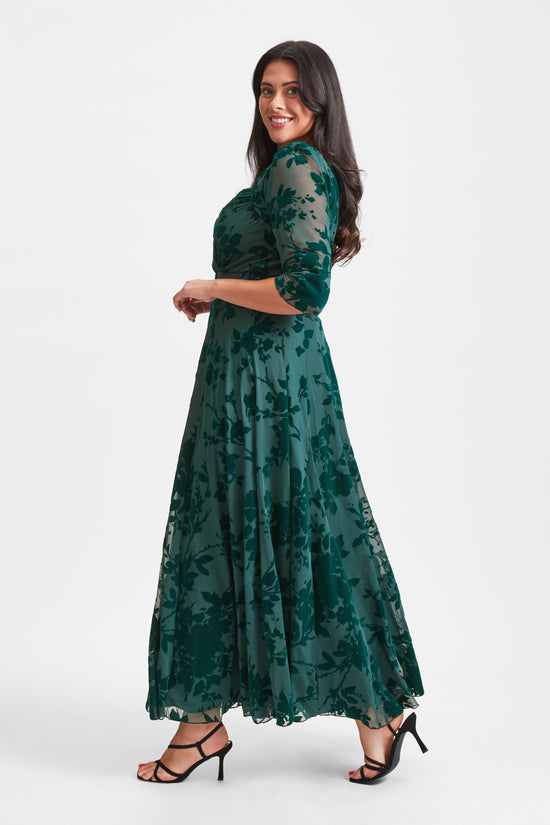 Elizabeth Dark Green Flocked Mesh Maxi Gown