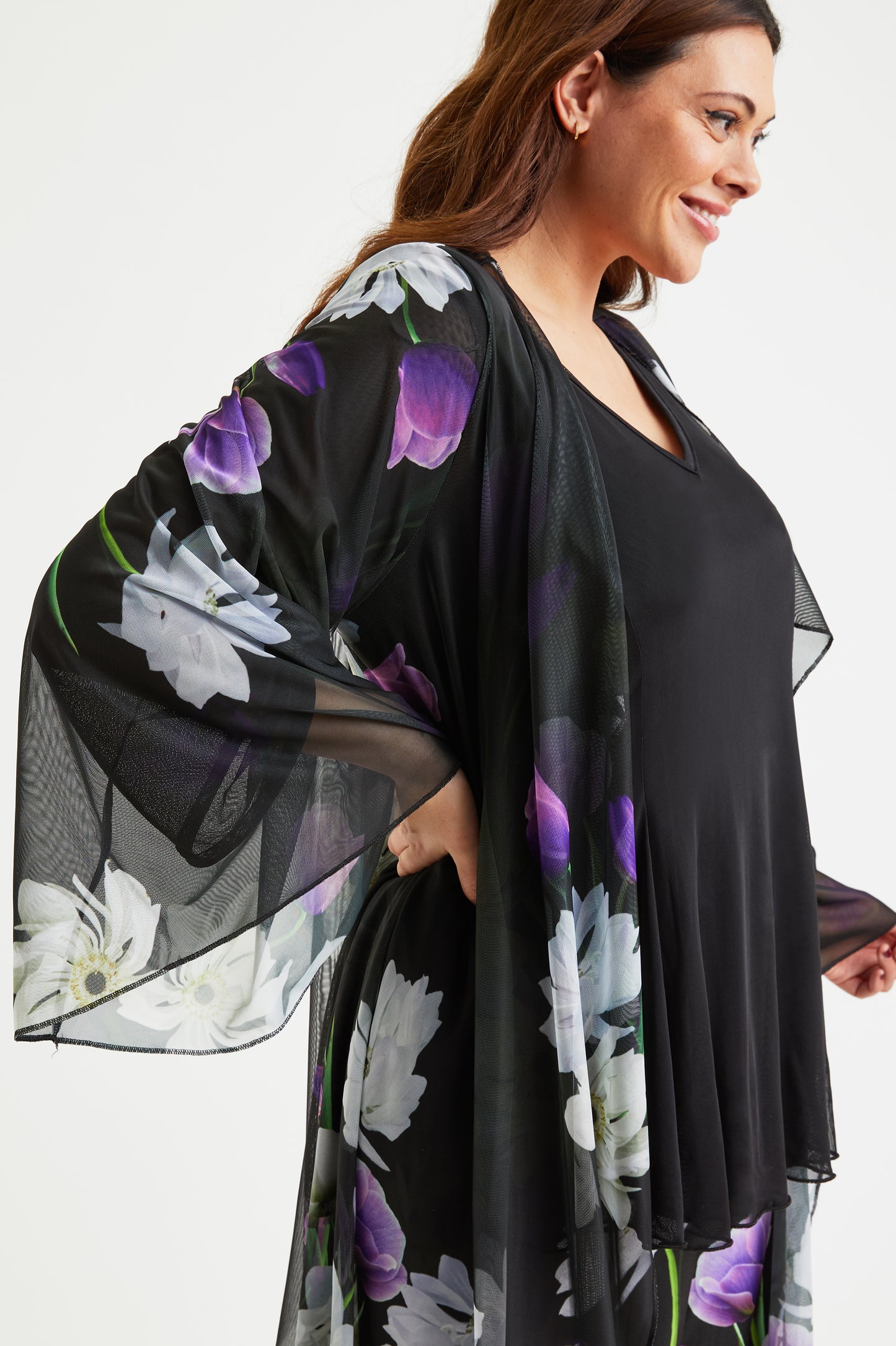 Black Purple Waterfall Long Mesh Kimono