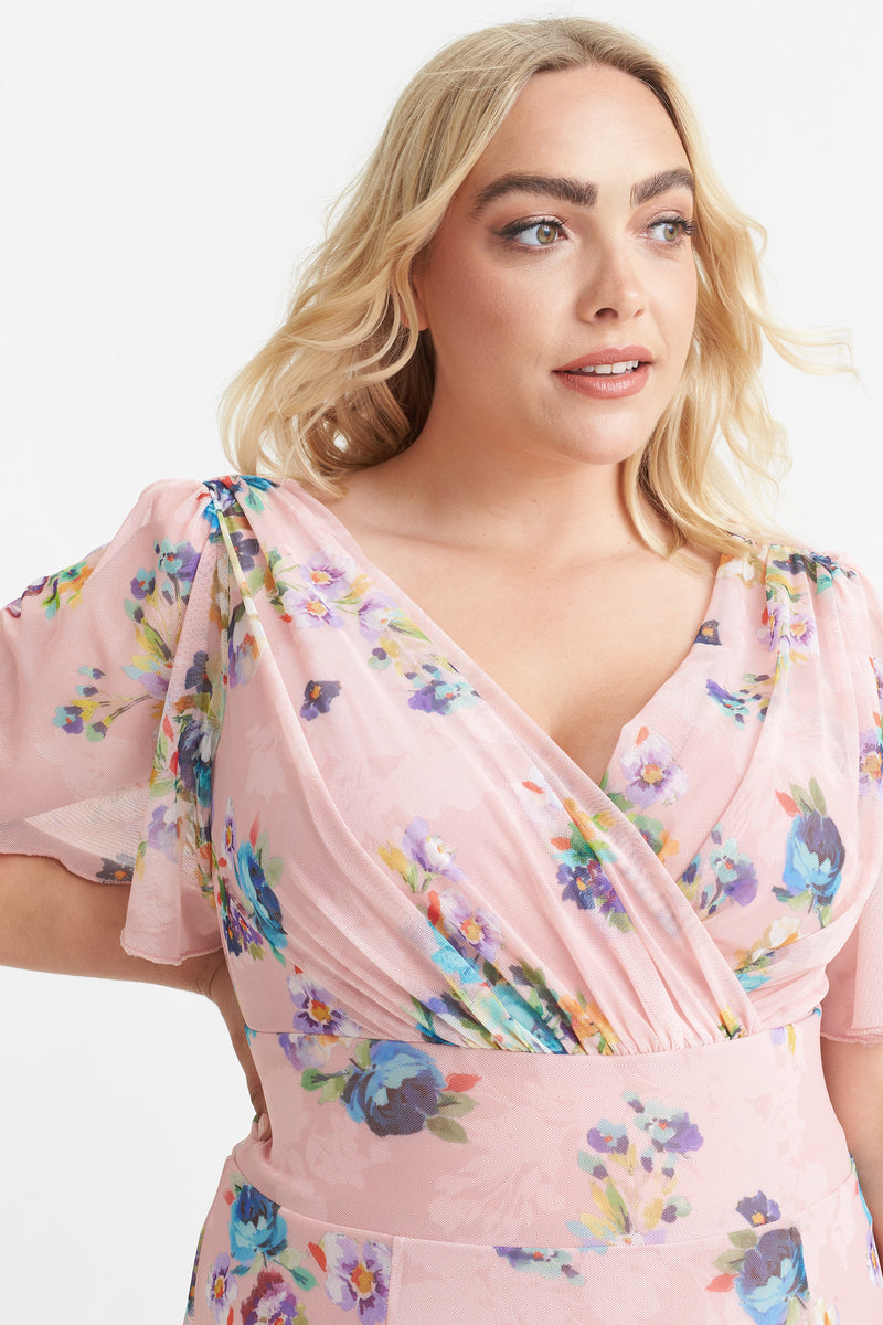 Victoria Light Pink Angel Sleeve Mesh Midi Dress Scarlett & Jo