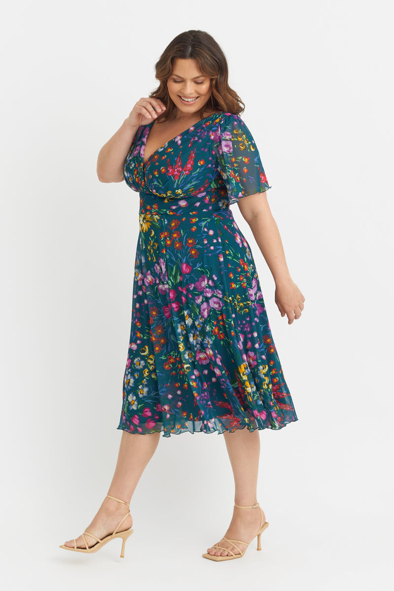Victoria Teal Blue Multi Angel Sleeve Mesh Midi Dress