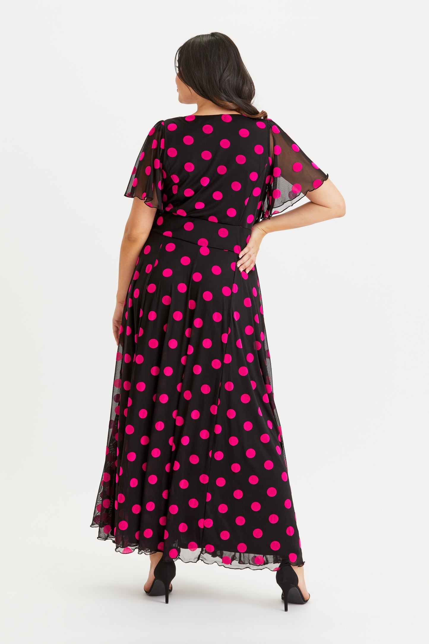 Kemi Black Pink Spot Bolero Wrap Bodice Maxi Gown