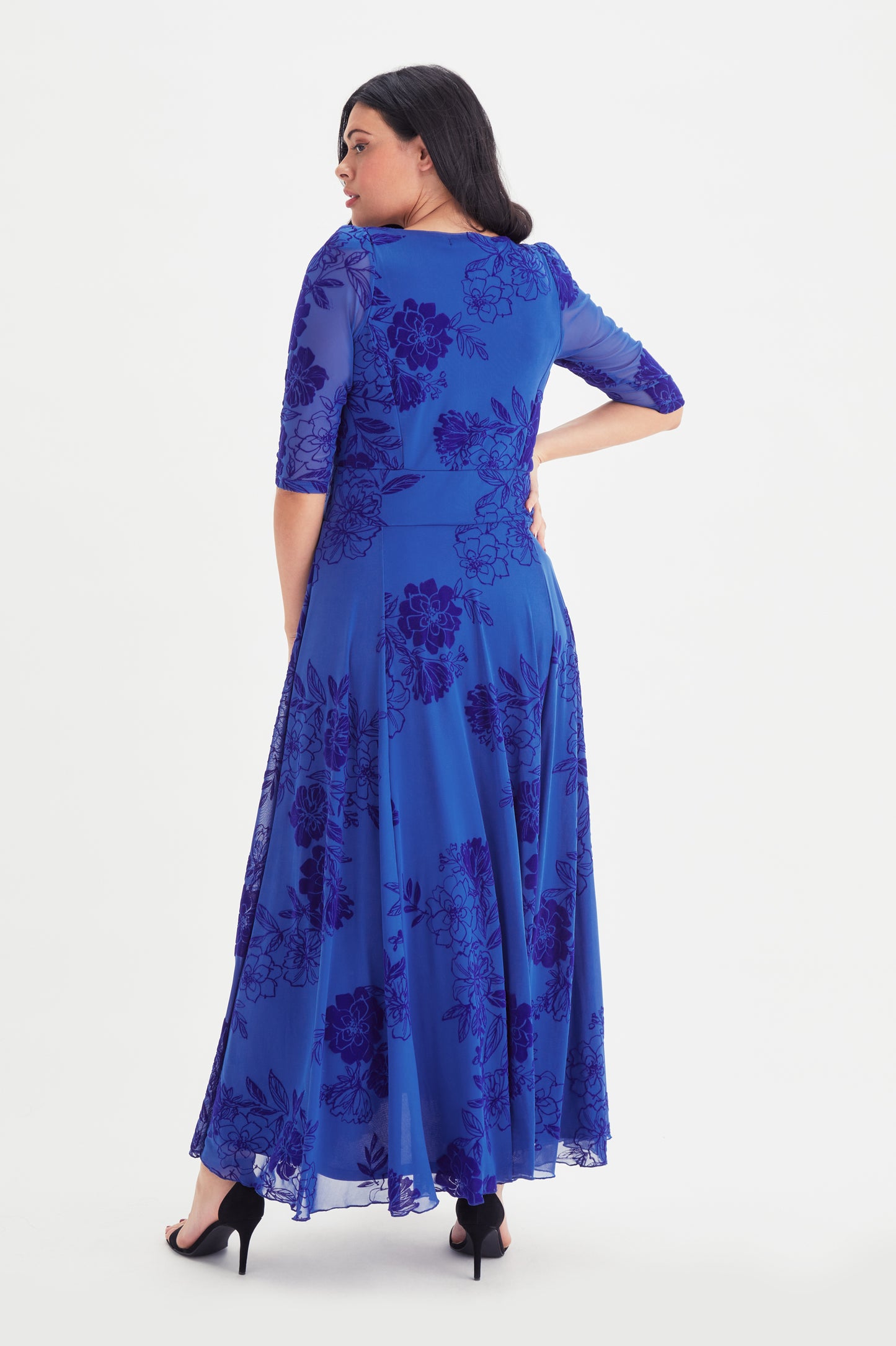 Elizabeth Blue Velvet Flocked Mesh Maxi Gown