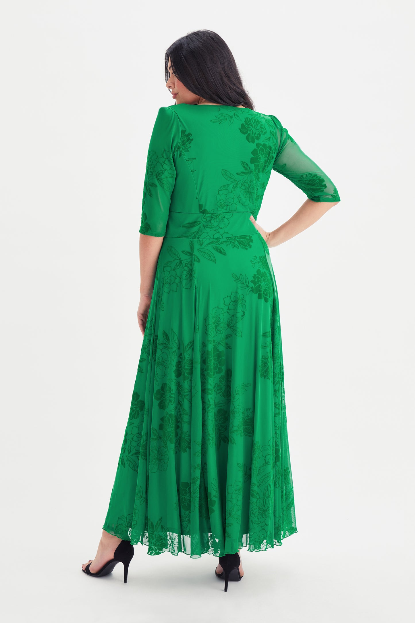 Elizabeth Green Velvet Flocked Mesh Maxi Gown
