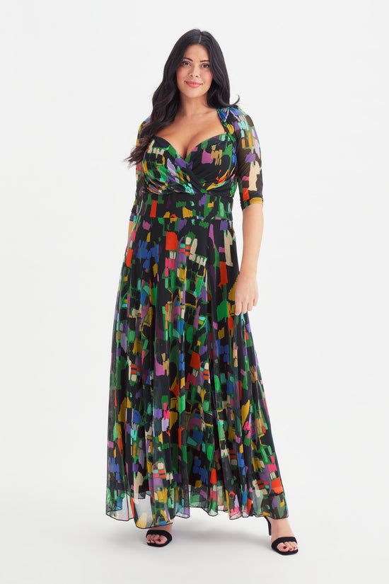 Elizabeth Black Multi Coloured Print Mesh Maxi Gown
