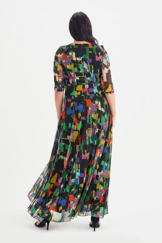Elizabeth Black Multi Coloured Print Mesh Maxi Gown