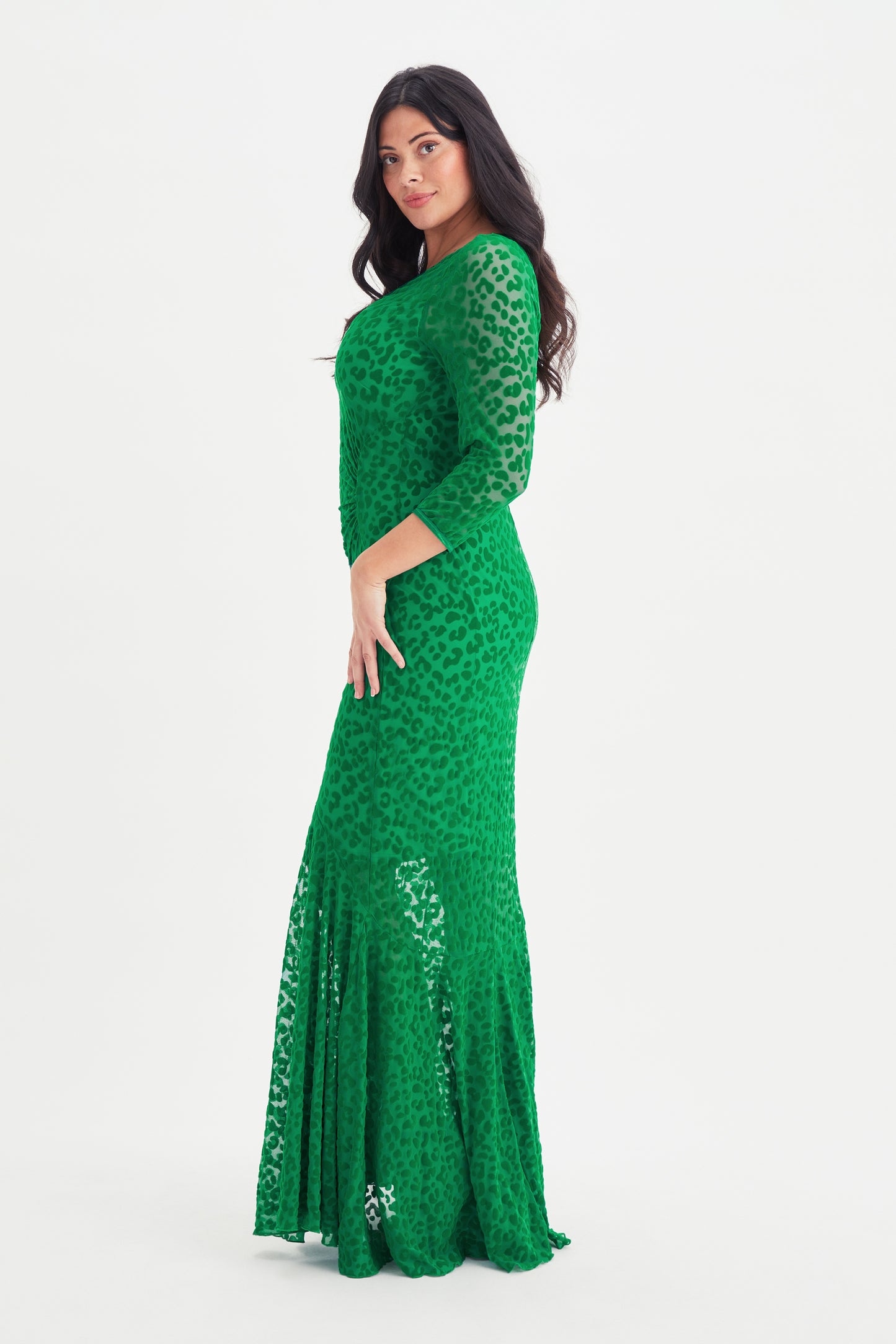 Green Leopard Velvet Flock Fishtail Maxi Dress