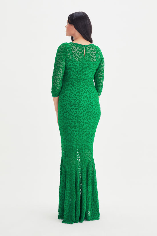 Green Leopard Velvet Flock Fishtail Maxi Dress