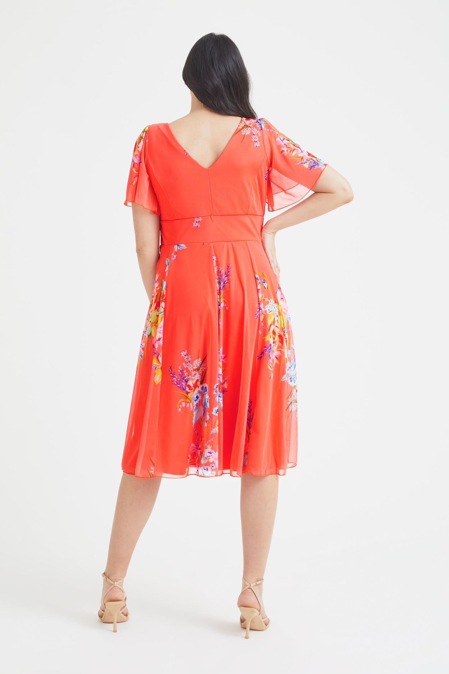 Victoria Orange Multi Print Angel Sleeve Mesh Midi Dress