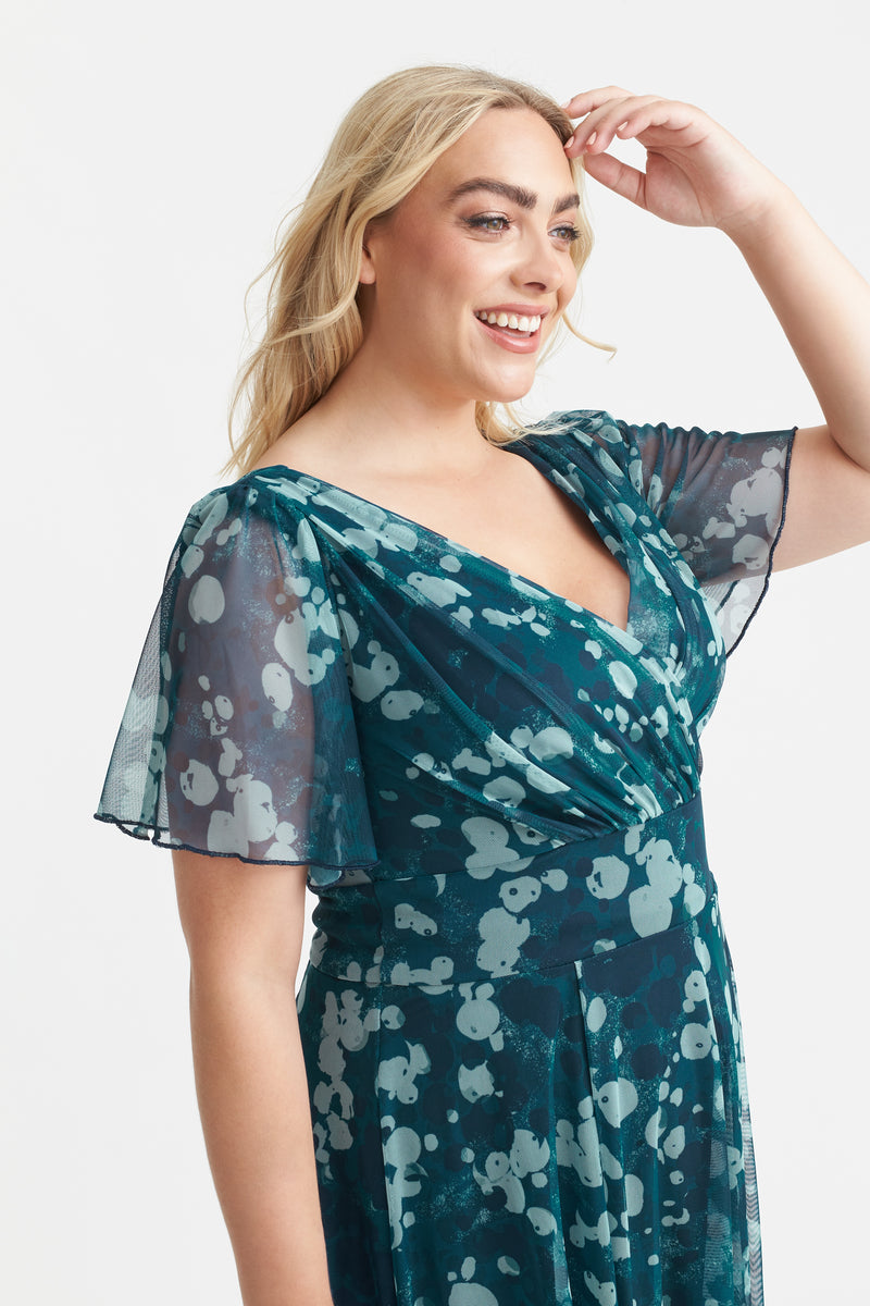 Victoria Teal Sky Angel Sleeve Mesh Midi Dress
