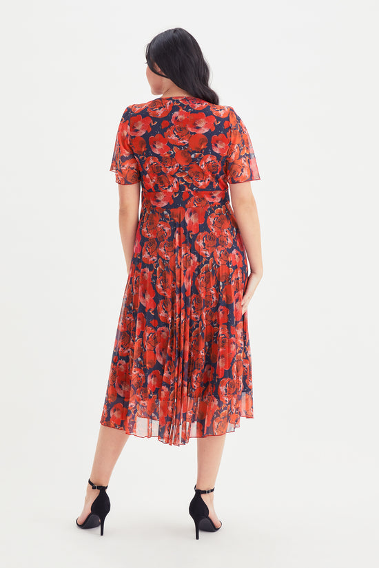 Carole Red Multi Wrap Bodice Sunray Pleated Skirt Midi Dress