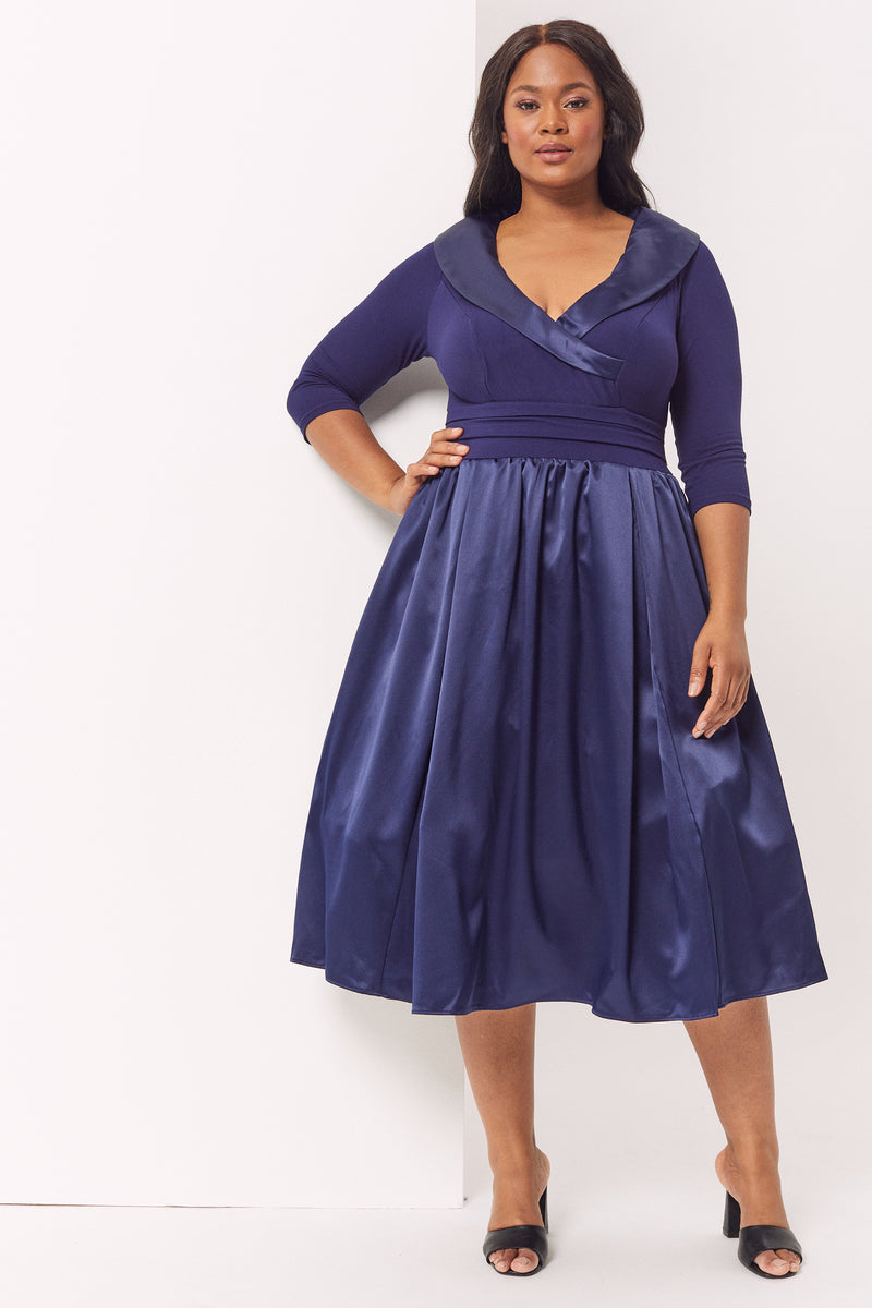 The Olivia Navy Satin Tuxedo Prom Dress