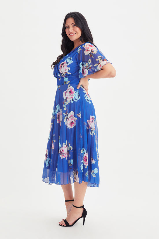 Carole Blue Multi Floral Print Wrap Bodice Sunray Pleated Skirt Midi Dress