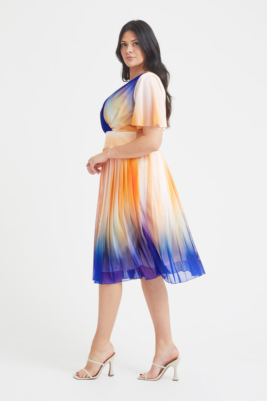 Cleo Ivory Orange Blue Print Knife Pleated Skirt Midi Dress