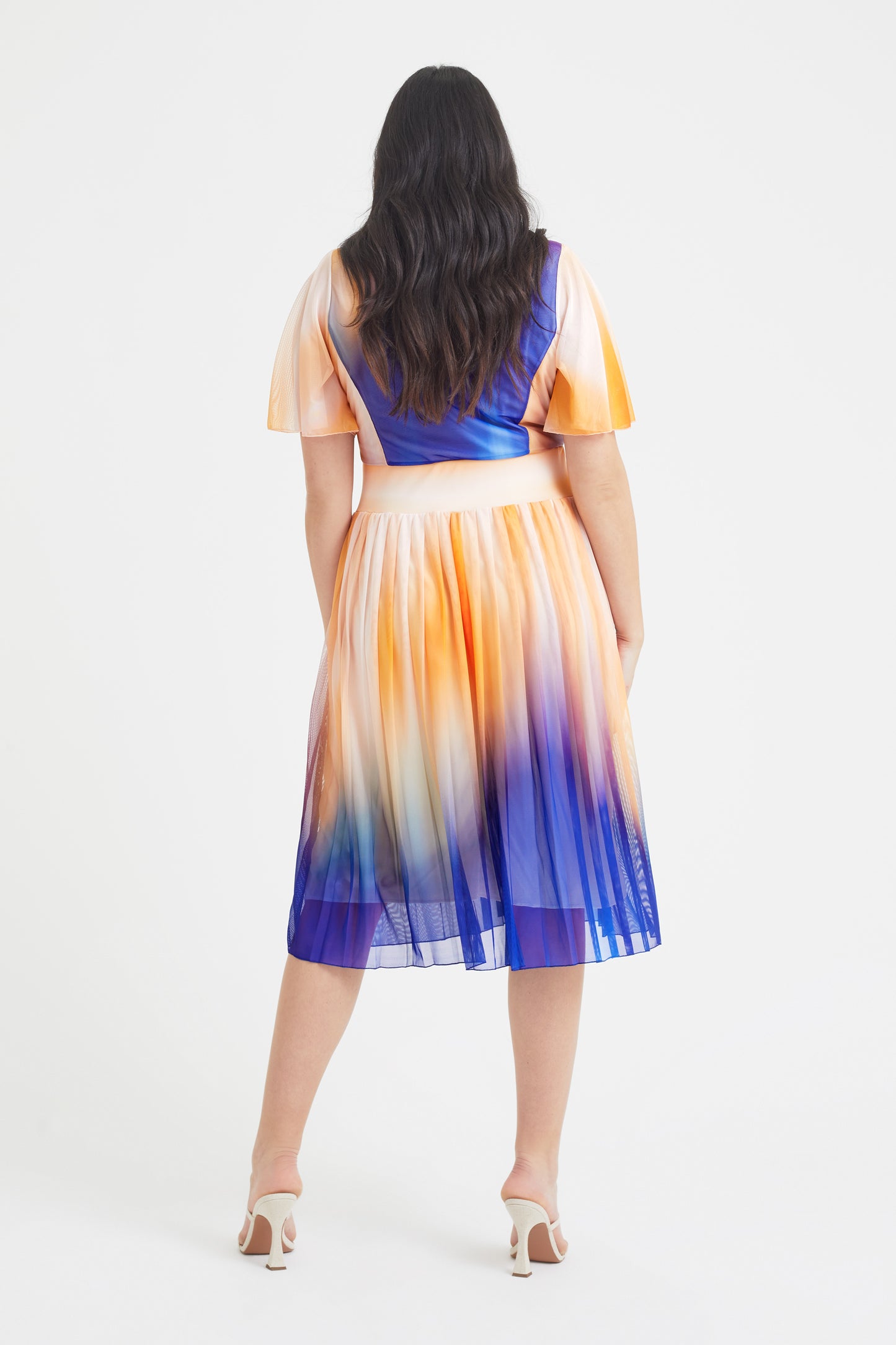 Cleo Ivory Orange Blue Print Knife Pleated Skirt Midi Dress