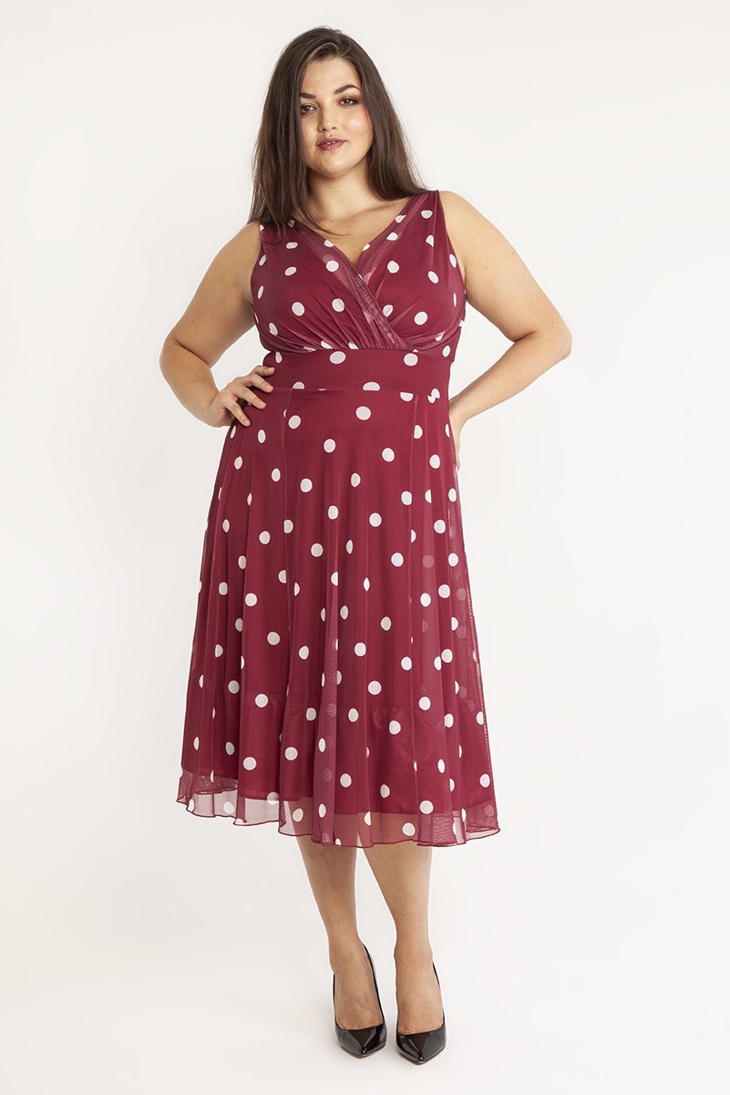 marilyn midi dress Marilyn Wine/Ivory Spot Midi Dress – Scarlett & Jo