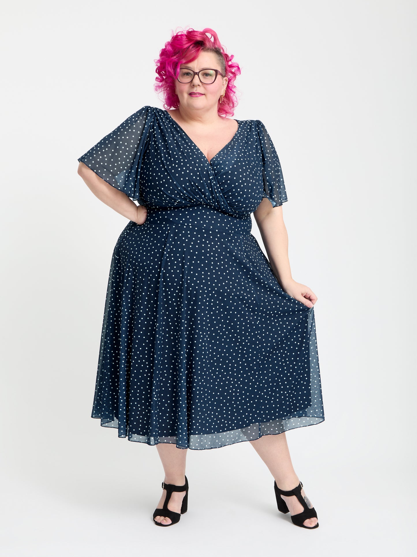 Petite Victoria Navy Cream Dot Angel Sleeve Mesh Long Midi Dress