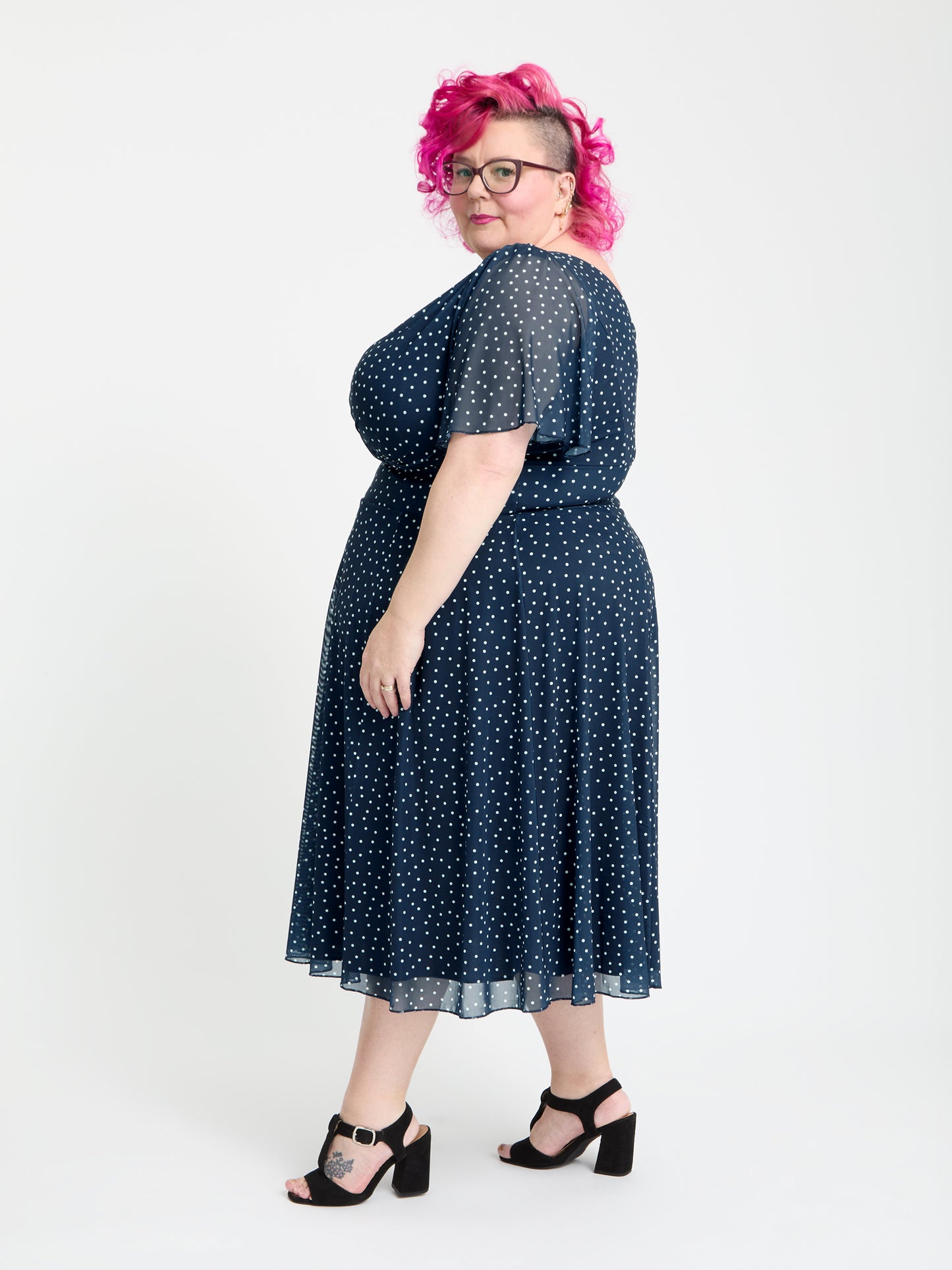 Petite Victoria Navy Cream Dot Angel Sleeve Mesh Long Midi Dress