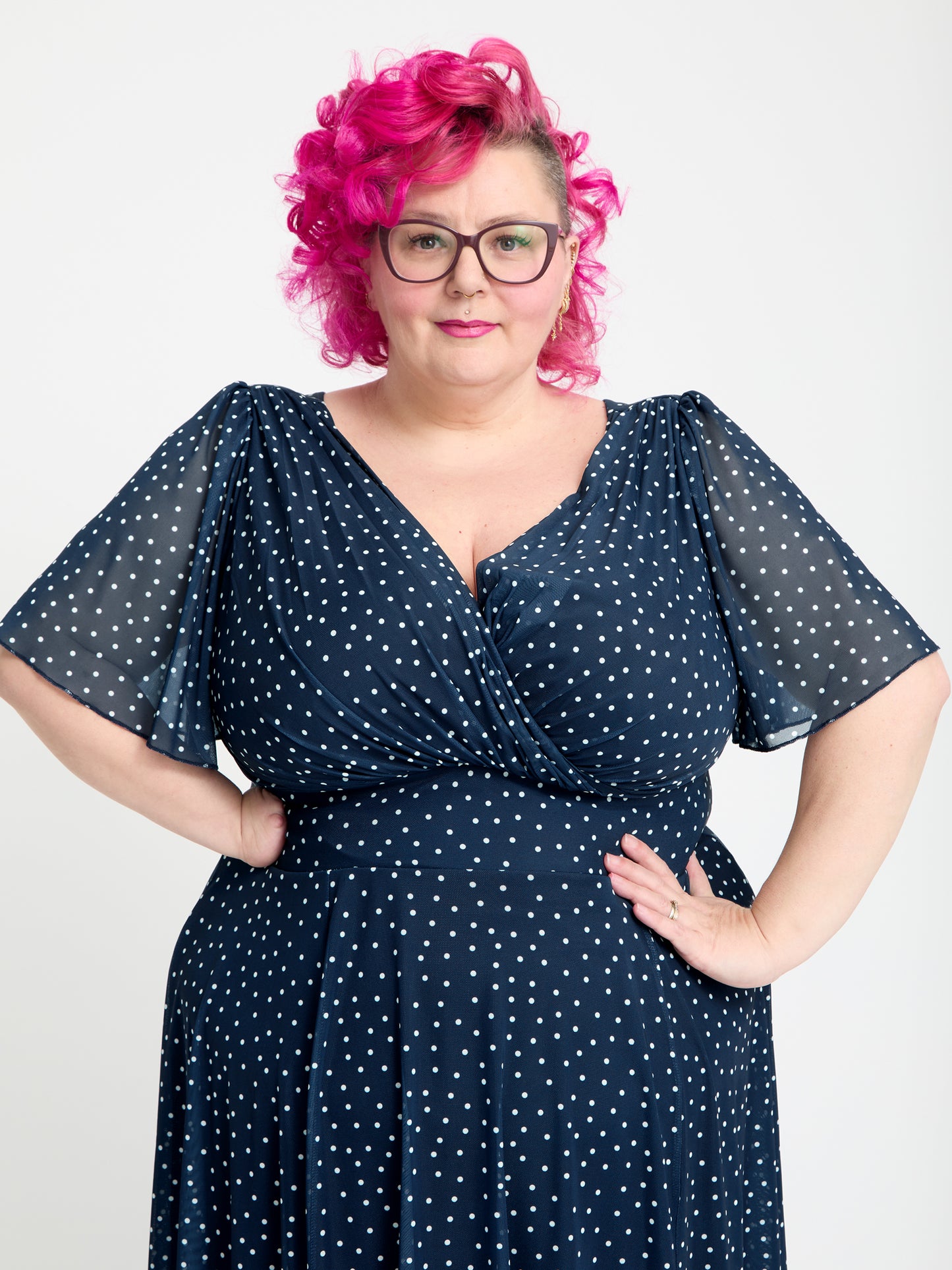 Petite Victoria Navy Cream Dot Angel Sleeve Mesh Long Midi Dress