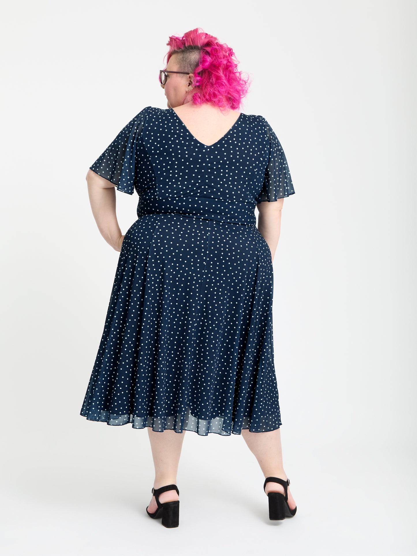 Petite Victoria Navy Cream Dot Angel Sleeve Mesh Long Midi Dress