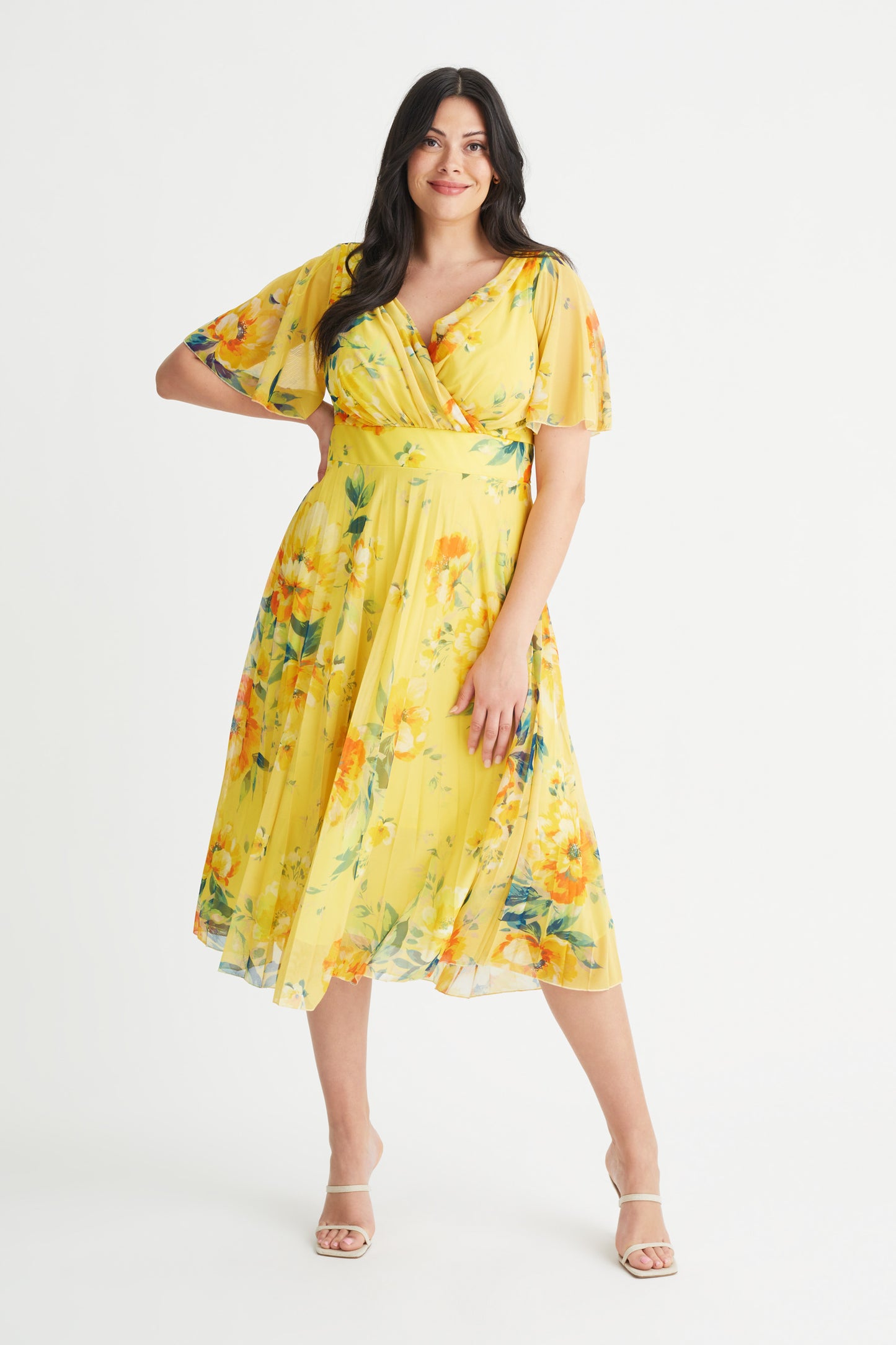 knee length dresses for ladies Carole Yellow Multi Floral Print Wrap Bodice Sunray Pleated Skirt Midi –  Scarlett & Jo
