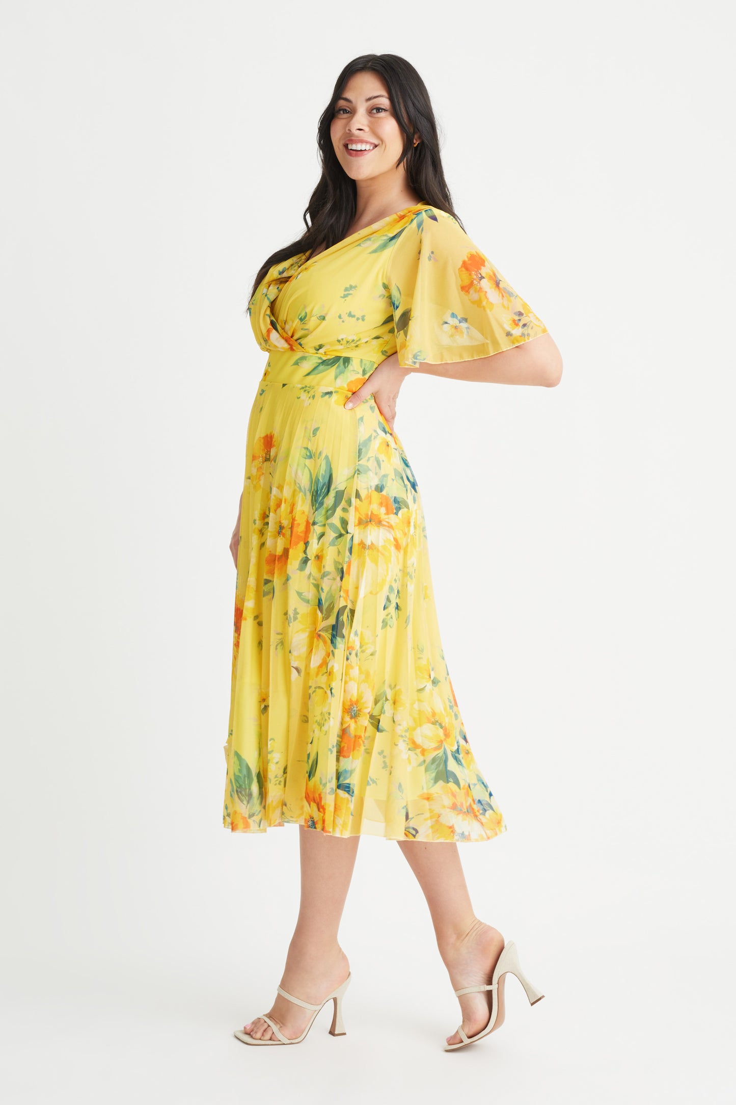 Carole Yellow Multi Floral Print Wrap Bodice Sunray Pleated Skirt Midi – Scarlett & Jo Carole Yellow Multi Floral Print Wrap Bodice Sunray Pleated Skirt Midi – Scarlett & Jo