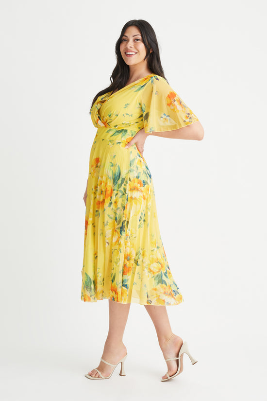 Carole Yellow Multi Floral Print Wrap Bodice Sunray Pleated Skirt Midi Dress