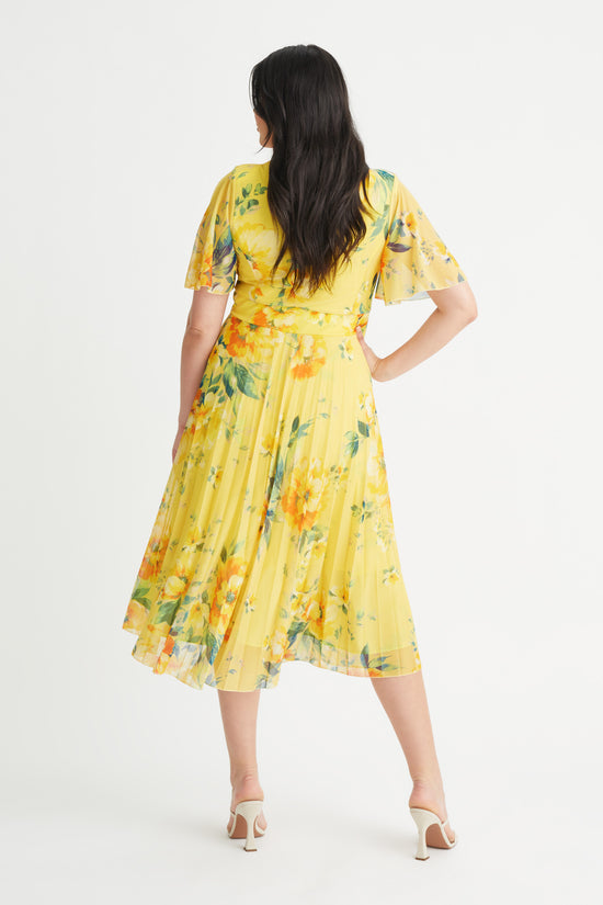 Load image into Gallery viewer, Carole Yellow Multi Floral Print Wrap Bodice Sunray Pleated Skirt Midi Dress
