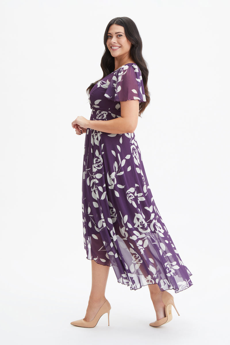 Tilly Purple Ivory Print Angel Sleeve Sweetheart Dress – Scarlett & Jo