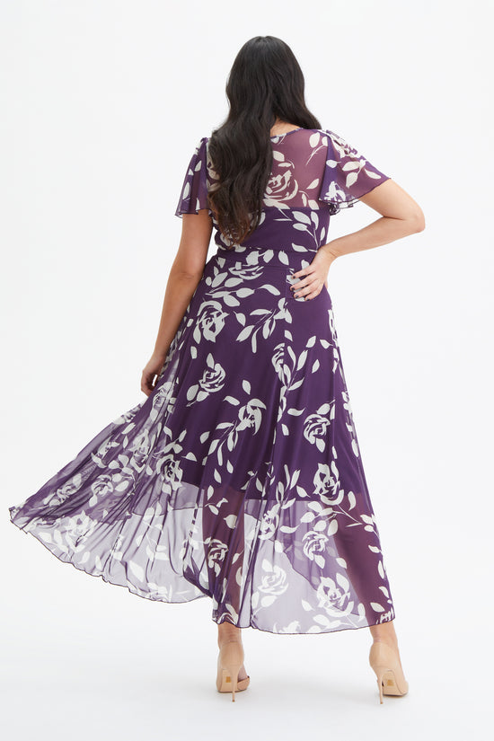Tilly Purple Ivory Print Angel Sleeve Sweetheart Dress