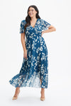 Tilly Teal Ivory Print Angel Sleeve Sweetheart Dress