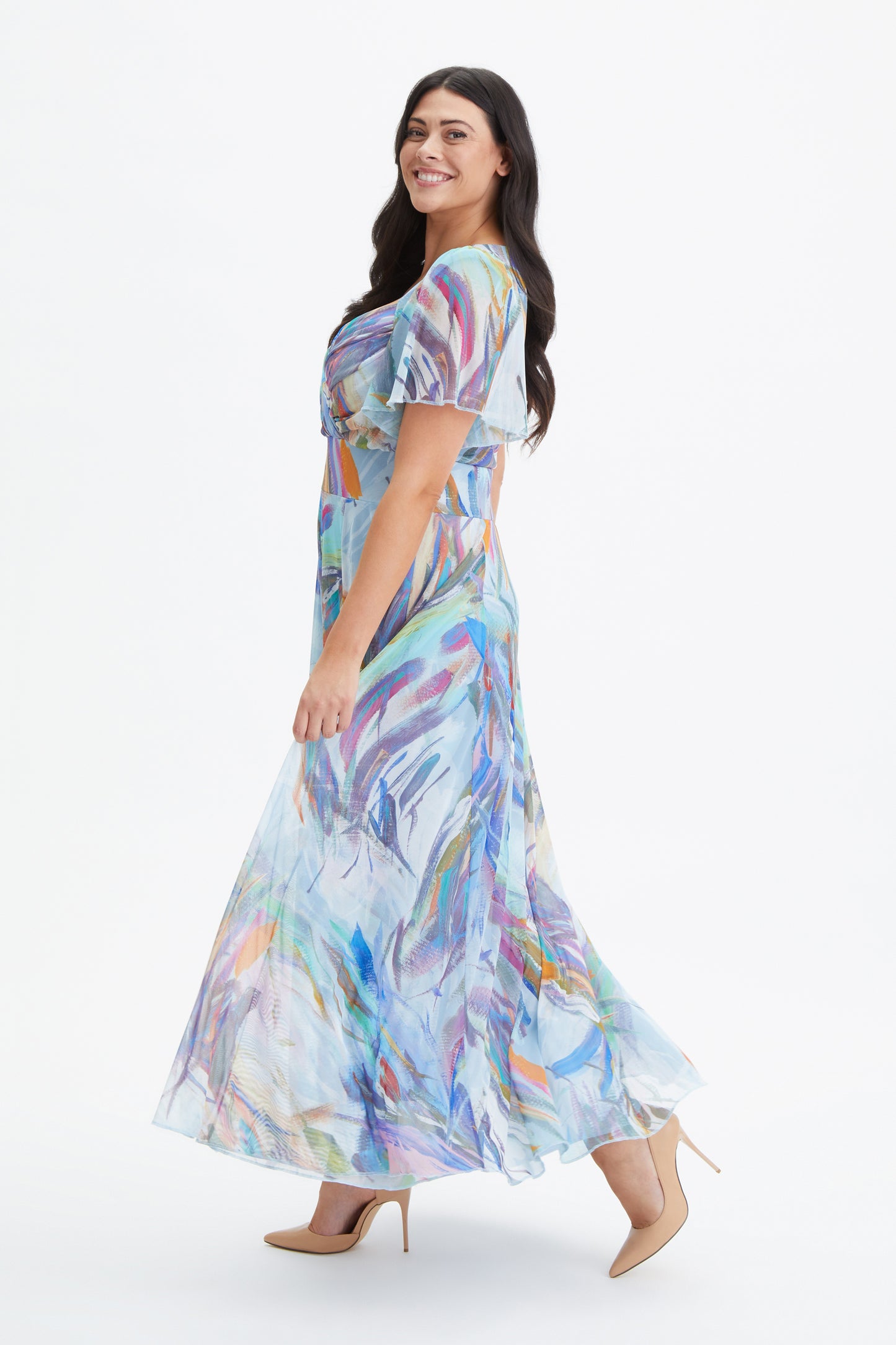 Kemi Sky Feather Print Bolero Wrap Bodice Maxi Gown