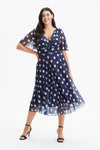 Carole Navy Ivory Wrap Bodice Sunray Pleated Skirt Midi Dress