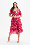 Carole Pink Ivory Wrap Bodice Sunray Pleated Skirt Midi Dress