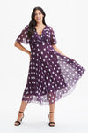 Carole Purple Ivory Wrap Bodice Sunray Pleated Skirt Midi Dress