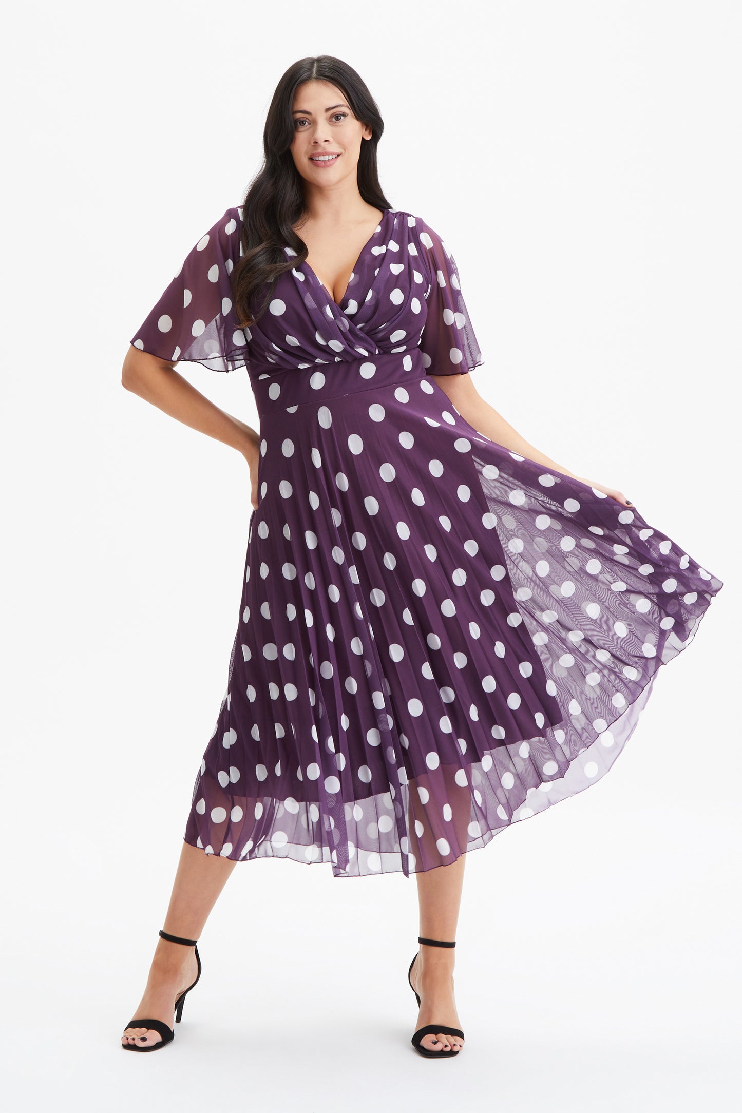 Carole Purple Ivory Wrap Bodice Sunray Pleated Skirt Midi Dress