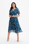 Carole Teal Ivory Wrap Bodice Sunray Pleated Skirt Midi Dress