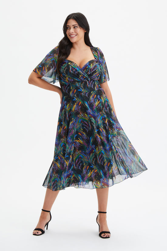 Liz Green Multi Print Bolero Wrap Bodice Midi Dress
