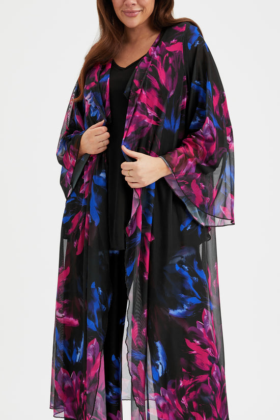 Black Blue Pink Waterfall Long Mesh Kimono