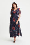Isabelle Navy Red Rose Float Sleeve Maxi Dress